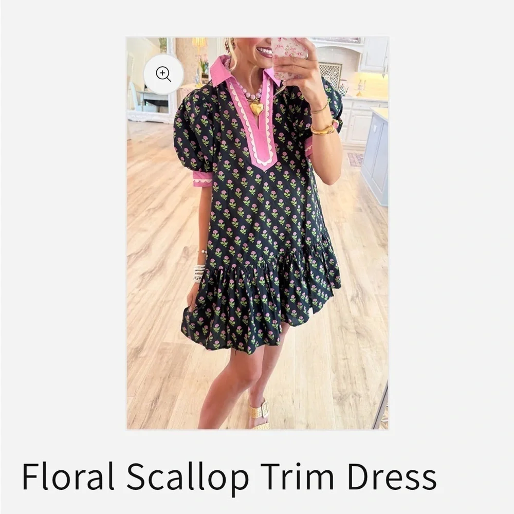 Vibrant Pink-Trimmed Floral Mini Dress - Picture 1 of 3